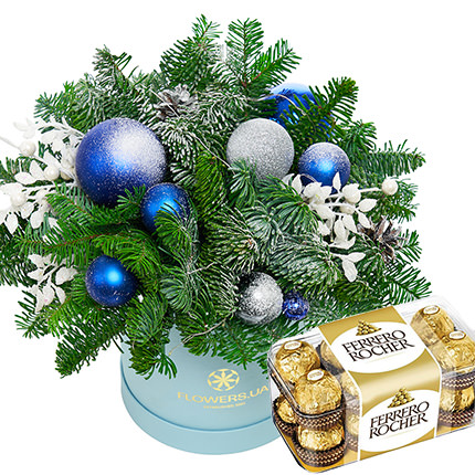Композиція з гірляндою "Зимове сяйво" + Ferrero Rocher – від Flowers.ua