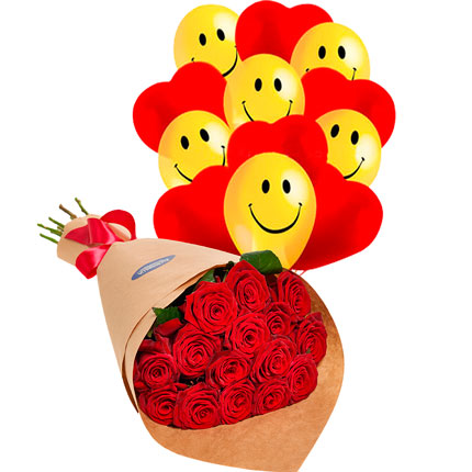 15 красных роз с воздушными шарами  - купить в Украине