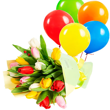 17 разноцветных тюльпанов с воздушными шарами – от Flowers.ua