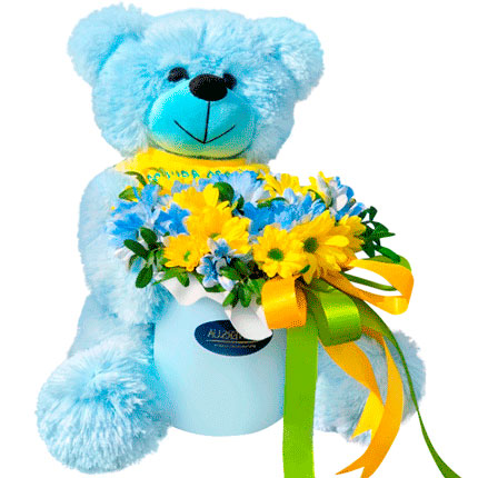 Ведмедик з хризантемами “Завжди разом” – від Flowers.ua