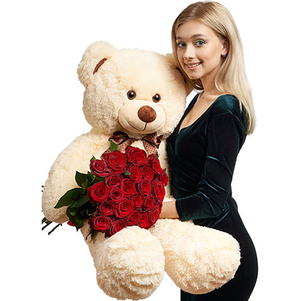 Гігантський бежевий ведмедик і 25 червоних троянд – доставка по Україні