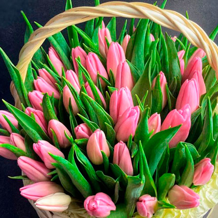 Кошик 45 рожевих тюльпанів - доставка по Україні