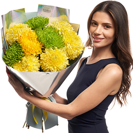 Букет " 9 жовто-зелених хризантем" - доставка по Україні