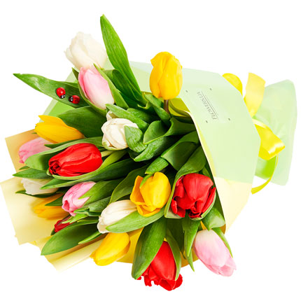 17 різнокольорових тюльпанів з повітряними кулями - доставка по Україні