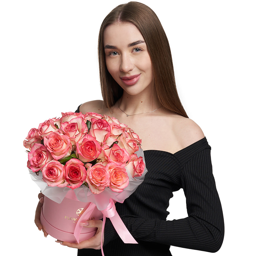 Цветы в коробке "21 роза Джумилия" – доставка по Украине