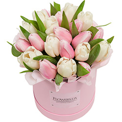 Квіти в коробці "21 білих та рожевих тюльпанів"