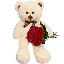 Giant beige bear and 25 red roses